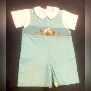 Boy’s Christmas Smocked Outfit JonJon Gingerbread Green Piped Collar 2 piece 24m